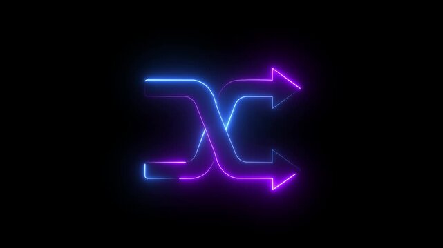 abstract glowing neon shuffle icon with arrows on a black background representing music playback or random order. Shuffle playlist button  audio control animation. Shuffle icon symbol template for.