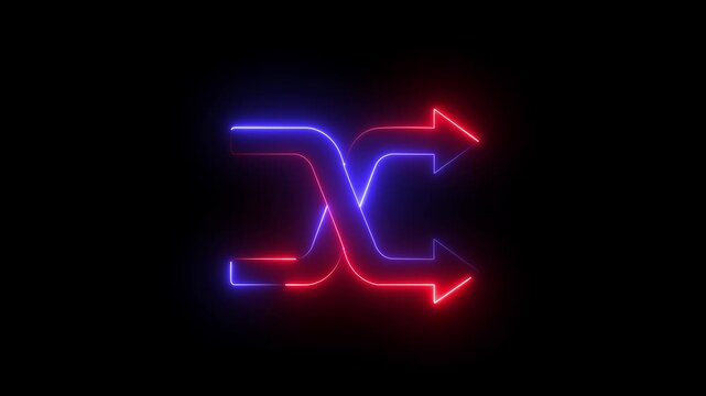 abstract glowing neon shuffle icon with arrows on a black background representing music playback or random order. Shuffle playlist button  audio control animation. Shuffle icon symbol template for.