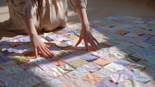 Woman arranging colorful quilt patches on wooden floor in daylight  
