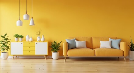 Bright yellow living room with modern sofa cabinet and hanging pendant lights
