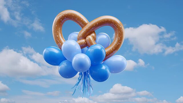 Decorative pretzel-shaped balloon with blue balloons against sky  
