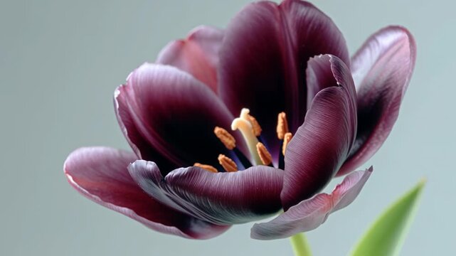 Dark purple tulip flower close-up with yellow stamen on green stem  