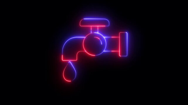 Glowing Neon Water Tap Icon, Symbol of Freshwater Supply and Conservation. neon Save Water icon. faucet with dripping water icon. black background abstract concept Save planet. 4k motion graphics .