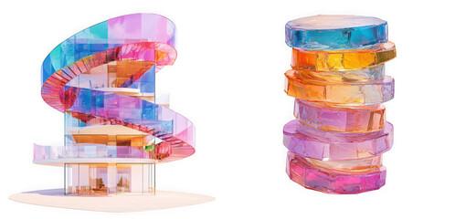 Abstract architectural design with colorful glass elements and a stacked cylindrical structure, isolated on transparent background