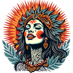 Woman with floral headdress and tribal face paint in vibrant colors - Concept of T-shirt print  
