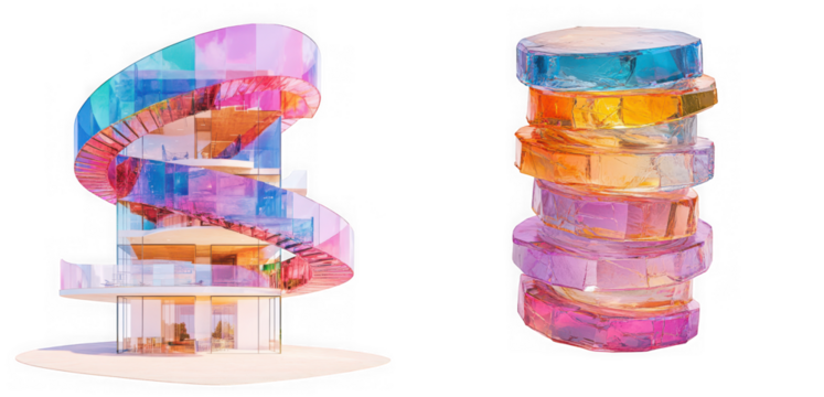 Abstract architectural design with colorful glass elements and a stacked cylindrical structure, isolated on transparent background