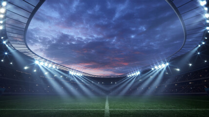 Soccer stadium at dusk with dramatic clouds and bright stadium lights 