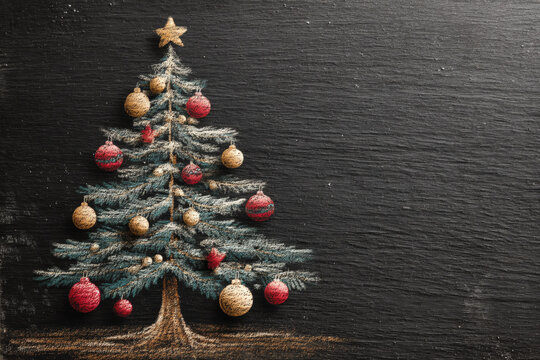 Chalkboard Christmas tree illustration with ornaments and blank space for menu text - Powered by Adobe
