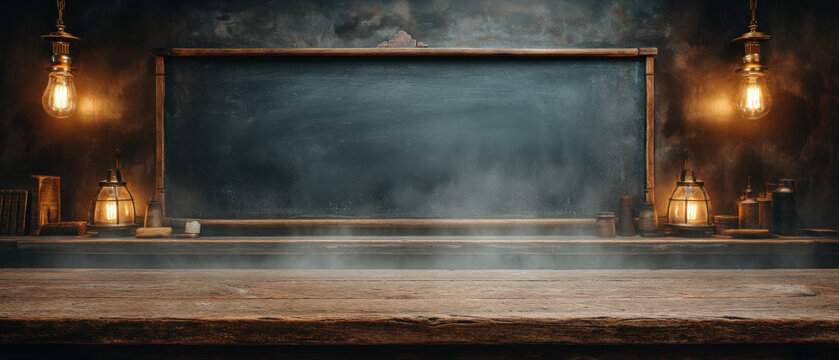 Blank chalkboard banner with chalk dust and warm tungsten lighting for design - Powered by Adobe