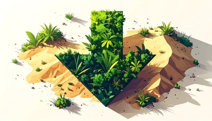 Graphic with a green arrow made of plants in a sandy landscape