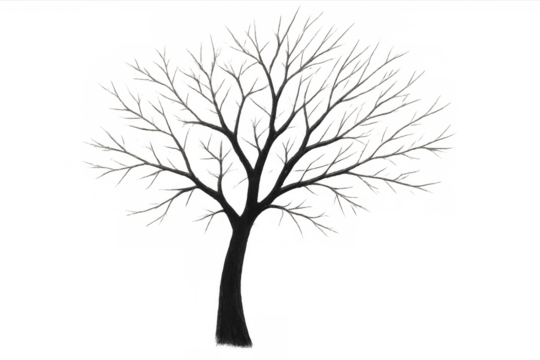 Bare tree silhouette with leafless branches on transparent background, symbolizing winter and solitude