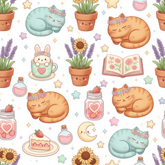 Seamless pattern of cute watercolor style elements on abstract white background, cat, flower pot, moon, cupcakes, graphic design illustration wallpaper 