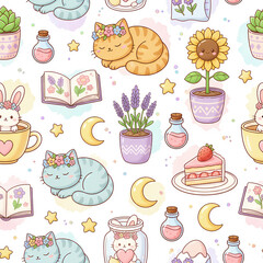 Seamless pattern of cute watercolor style elements on abstract white background, cat, flower pot, moon, cupcakes, graphic design illustration wallpaper 