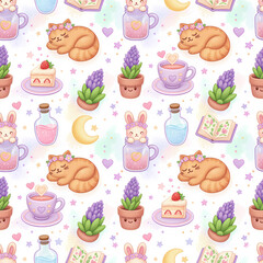 Seamless pattern of cute watercolor style elements on abstract white background, cat, flower pot, moon, cupcakes, graphic design illustration wallpaper 
