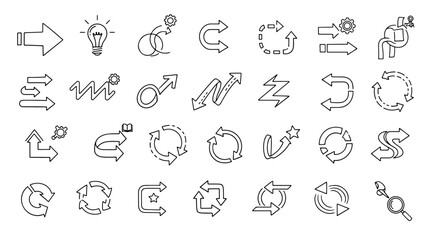 A collection of hand-drawn arrow icons and symbols representing various concepts like ideas, processes, and directions.
