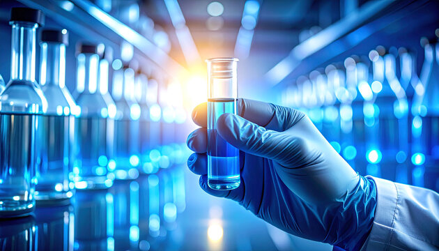 Innovation in the Lab: A scientist, clad in professional attire, carefully examines a vial filled with a vibrant blue solution within a modern laboratory setting. - Powered by Adobe