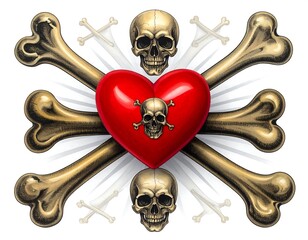 Graphic with heart, skulls, and bones arranged on white background