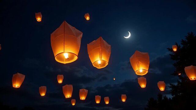 Watch glowing sky lanterns ascend into the night sky under a crescent moon, perfect for celebrations, festivals, and cultural events with a magical, dreamy atmosphere