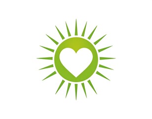 Green heart within a sunburst design on white background