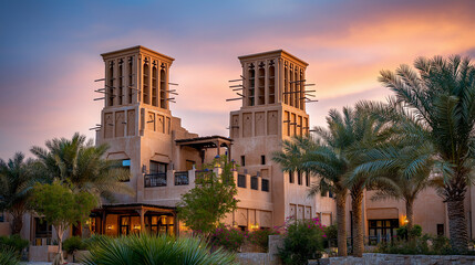 Obraz premium Desert village wind towers and palm gardens, soft dusk pastel, Africa, architecture, oasis, desert, palms, heritage, travel, design, with copy space