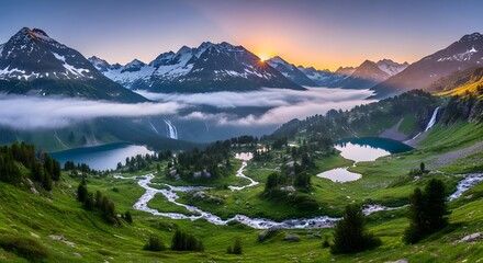 Panoramic view of a serene futuristic sci-fi landscape with a winding river, snow-capped mountains, and lush green