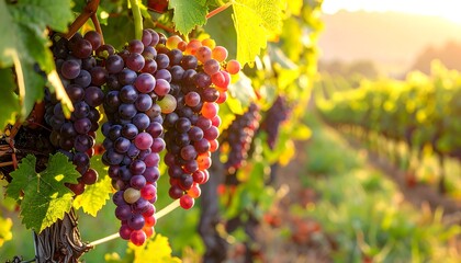 Fototapeta premium Close-up of ripe grapes on the vine with sunlight shining through