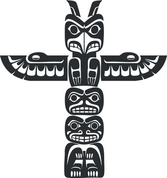 A stylized representation of a traditional totem pole featuring indigenous animal motifs.