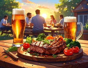 Barbecue feast with friends featuring steak, beer, and a beautiful sunset view