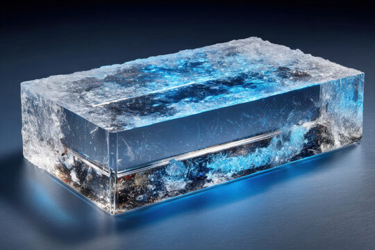 Transparent ice slab with embedded acrylic window and frost crystals under blue rim light