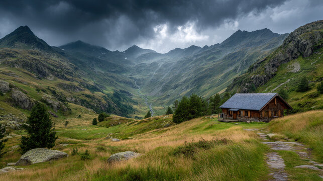 Rustic wooden hut in alpine meadow under stormy clouds with white grass and mountains - Powered by Adobe