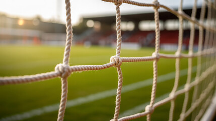 Closeup of a soccer goal net with a stadium in the background 