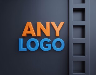 3d rendered logo mockup with orange and blue text on dark textured surface