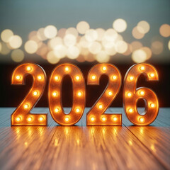 Illuminated marquee numbers spelling out the year 2026 with warm glowing lights on a wooden surface, bokeh background