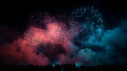 Spectacular fireworks explode in the night sky casting vibrant red and blue light and smoke over a dark landscape