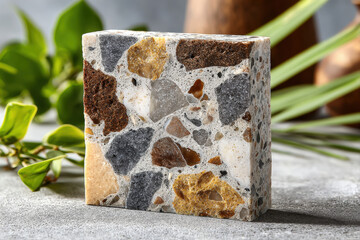 Terrazzo countertop with colorful chips and smooth rectangular inlay under sunlight