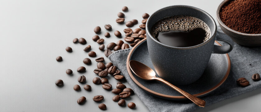 Minimalist black coffee setup with matte cup and metal filter on white background