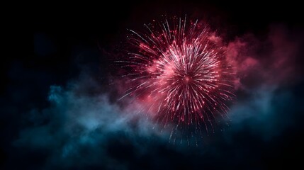 A vibrant red chrysanthemum firework explodes brightly in the dark night sky surrounded by smoke