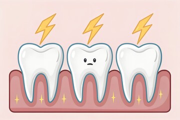 Tooth sensitivity and toothache concept. A cute cartoon illustration of a sad, aching tooth being struck by lightning, representing sharp dental pain and problems.
 Generative Ai.