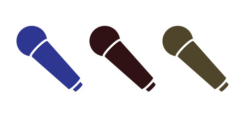 Set of three handheld dynamic microphone icons in a simple, flat silhouette style for singing, broadcasting, or podcasting.
