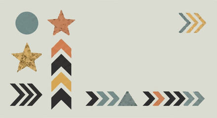 Fototapeta premium Whimsical geometric shapes and arrows create a playful, abstract pattern on a neutral background.