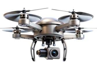 Silver drone with camera isolated on transparent background, an unmanned aerial vehicle concept