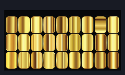 A collection of shiny metallic gold cylindrical objects arranged in rows against a dark background