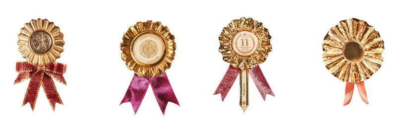 Four golden rosettes with ribbon streamers, isolated on transparent background