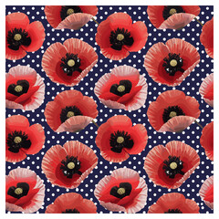 This stunning floral pattern features vibrant red poppies, their deep black centers contrasting beautifully with the delicate ruffled petals. Set against a navy blue backdrop adorned with playful.