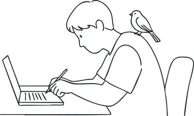 A boy sketching on a laptop with a bird perched on his shoulder in a minimalistic style.