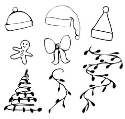 Hand drawn black line vector christmas set 2026. Christmas hats, gingerbread, bow, silhouettes of garlands. Icon illustrations.