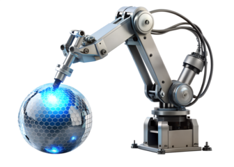 Robotic arm precisely manipulating a digital globe, showcasing technology isolated on transparent background