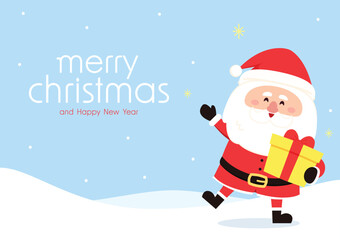 Happy Santa Claus character with gift, Waving and greeting. Cartoon Christmas illustrations vector. For Christmas cards, banners.