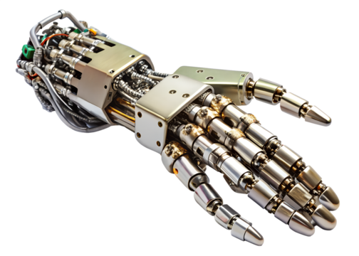 Detailed robotic hand isolated on transparent background, showcasing intricate mechanical design and engineering