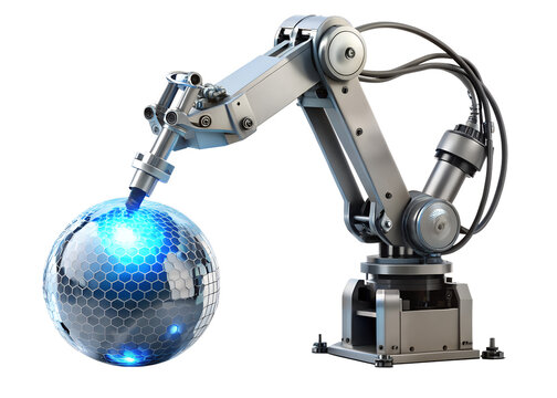 Robotic arm precisely manipulating a digital globe, showcasing technology isolated on transparent background